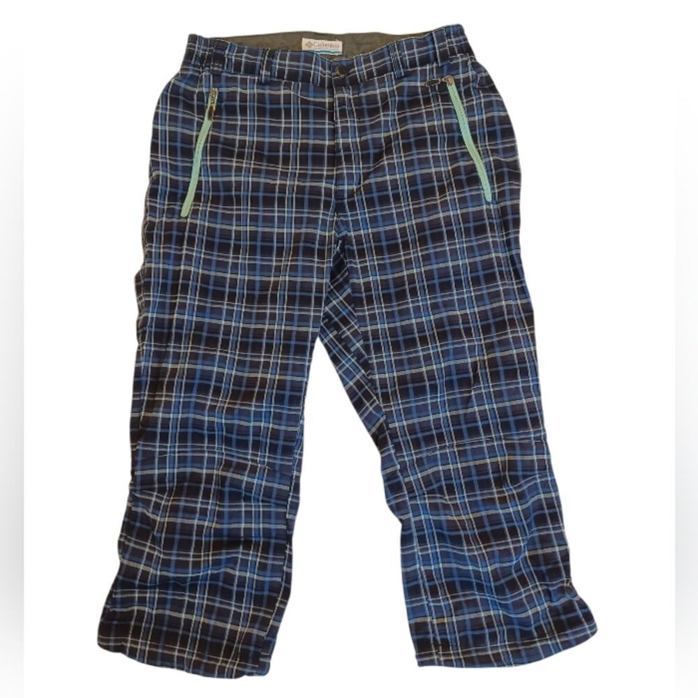 Columbia Plaid Capri Shorts Blue Turquoise Gray with Zippered Pockets - Picture 13 of 13